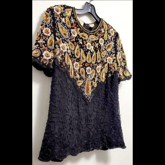BEJEWELLED-80s Black and gold paisley rhinestone, bead and sequin top - Picture 6 of 6